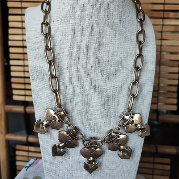 Plunder Brand Clear Rhinestone Oxidized Brass Tone Statement Necklace Art Deco - Picture 3 of 9